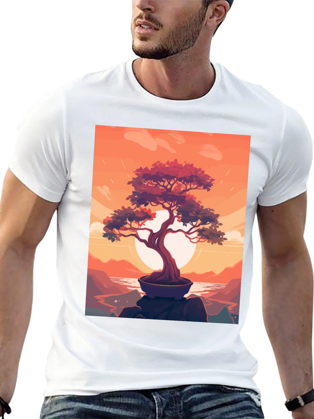 Bonsai Sunset Graphic Tee - Zen Style
