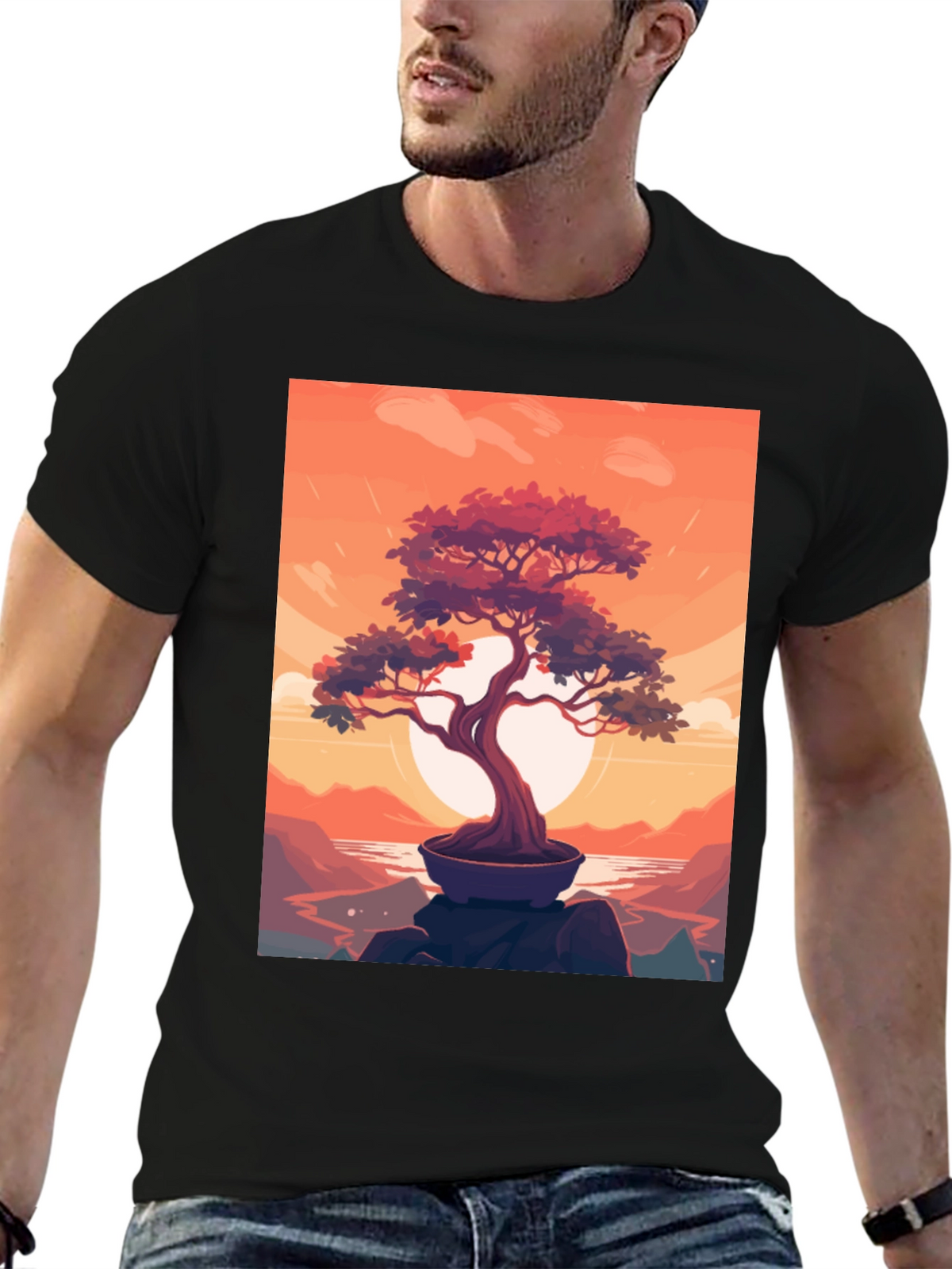 Bonsai Sunset Graphic Tee - Zen Style