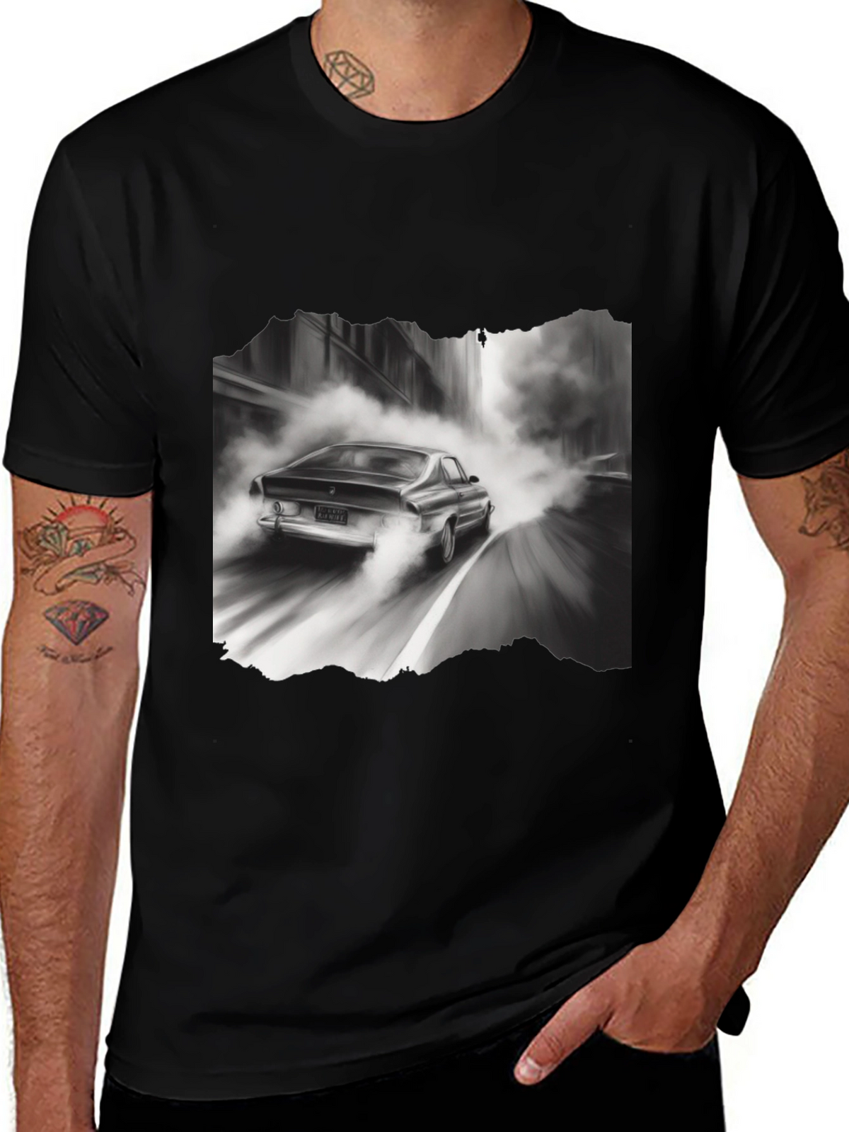 Retro Car Graphic Tee - Black Cotton Blend T-Shirt