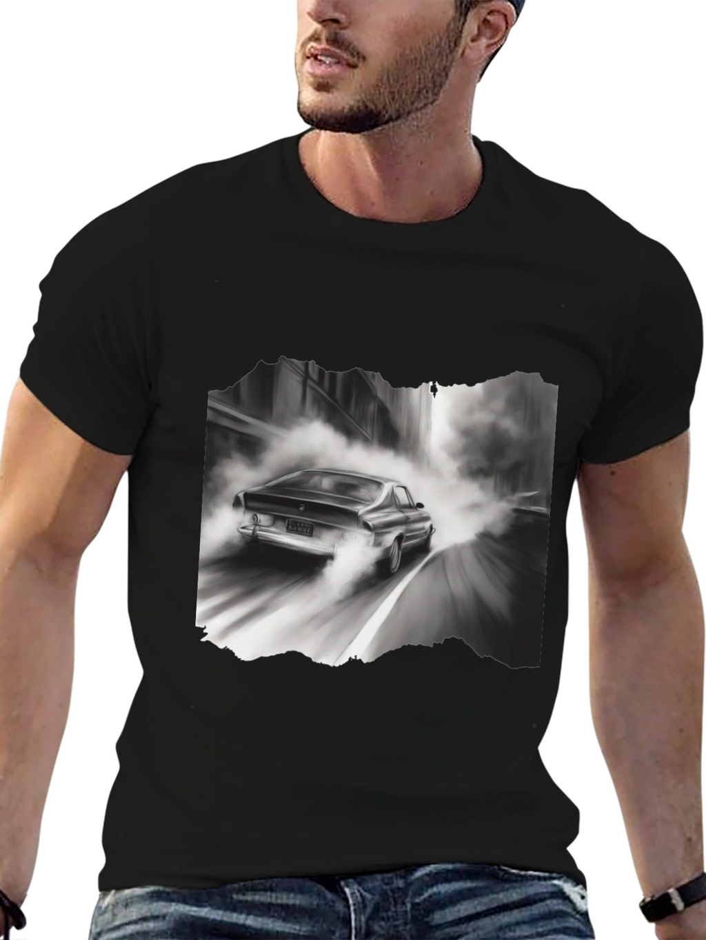 Retro Car Graphic Tee - Black Cotton Blend T-Shirt