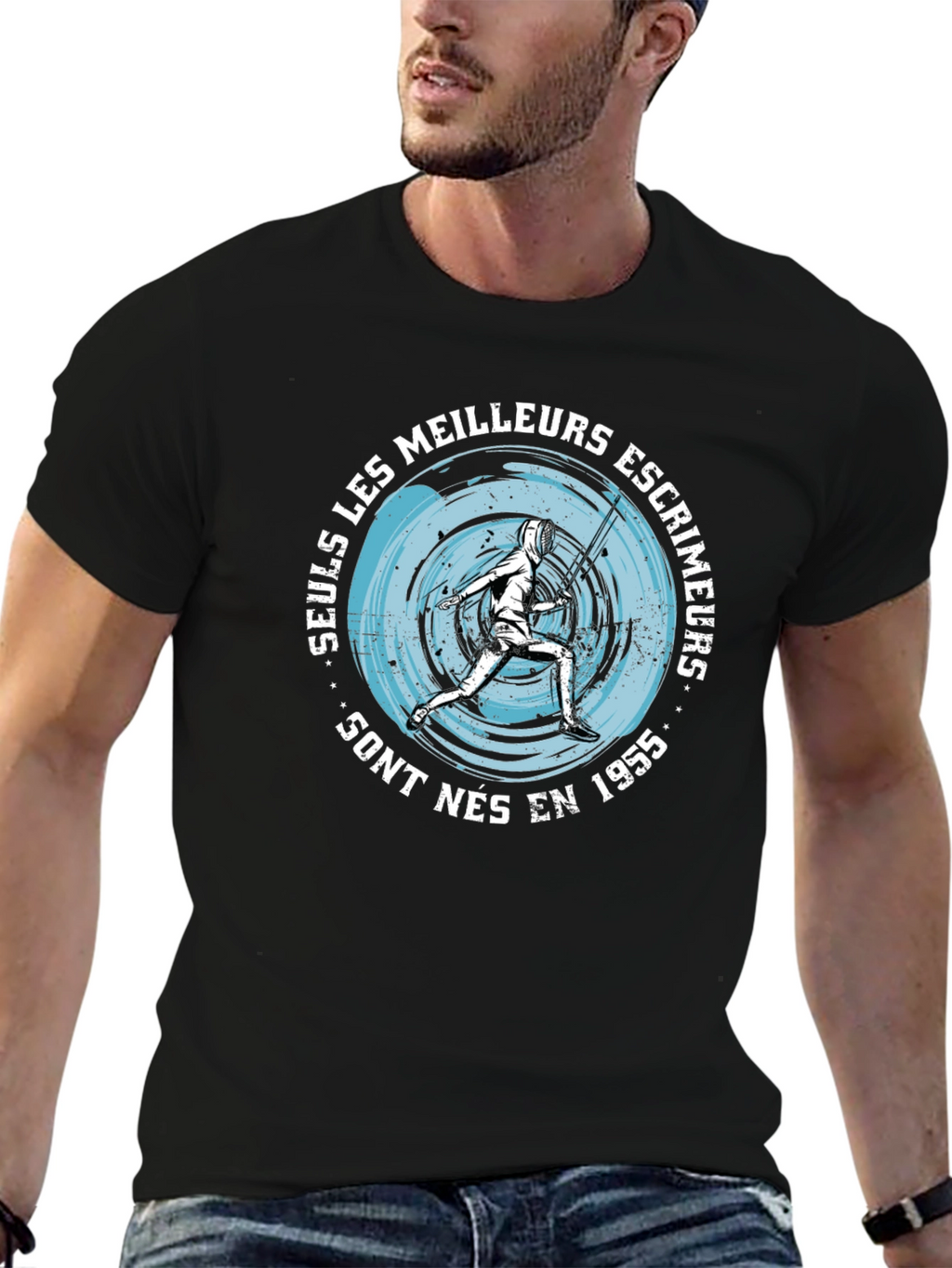 Mens Black T-Shirt with Fencing Graphic