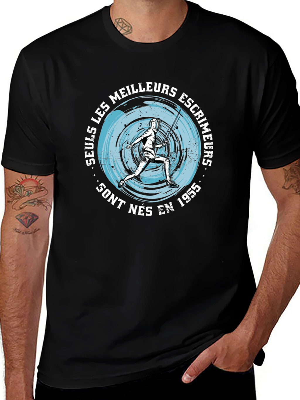 Mens Black T-Shirt with Fencing Graphic