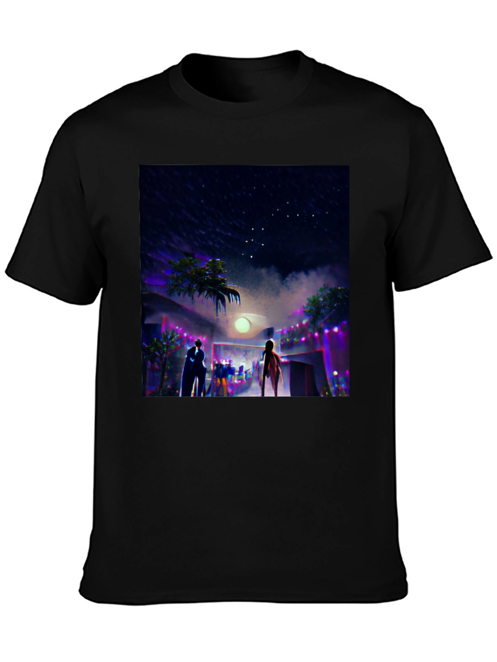 Night Scene Graphic Tee - Cool Black Cotton T-Shirt