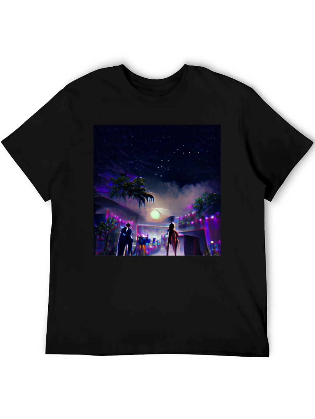 Night Scene Graphic Tee - Cool Black Cotton T-Shirt