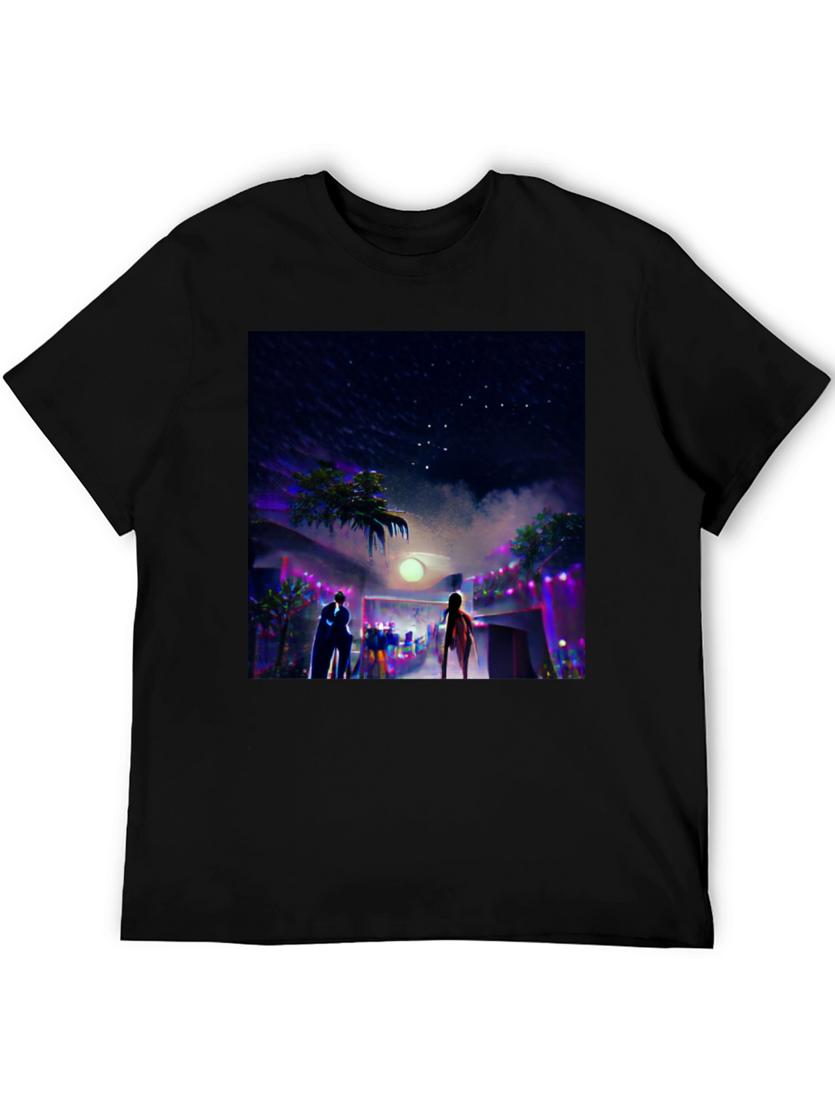 Night Scene Graphic Tee - Cool Black Cotton T-Shirt
