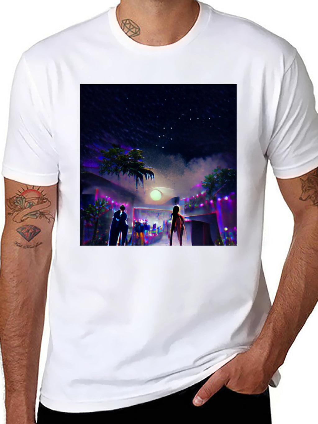 Night Scene Graphic Tee - Cool Black Cotton T-Shirt