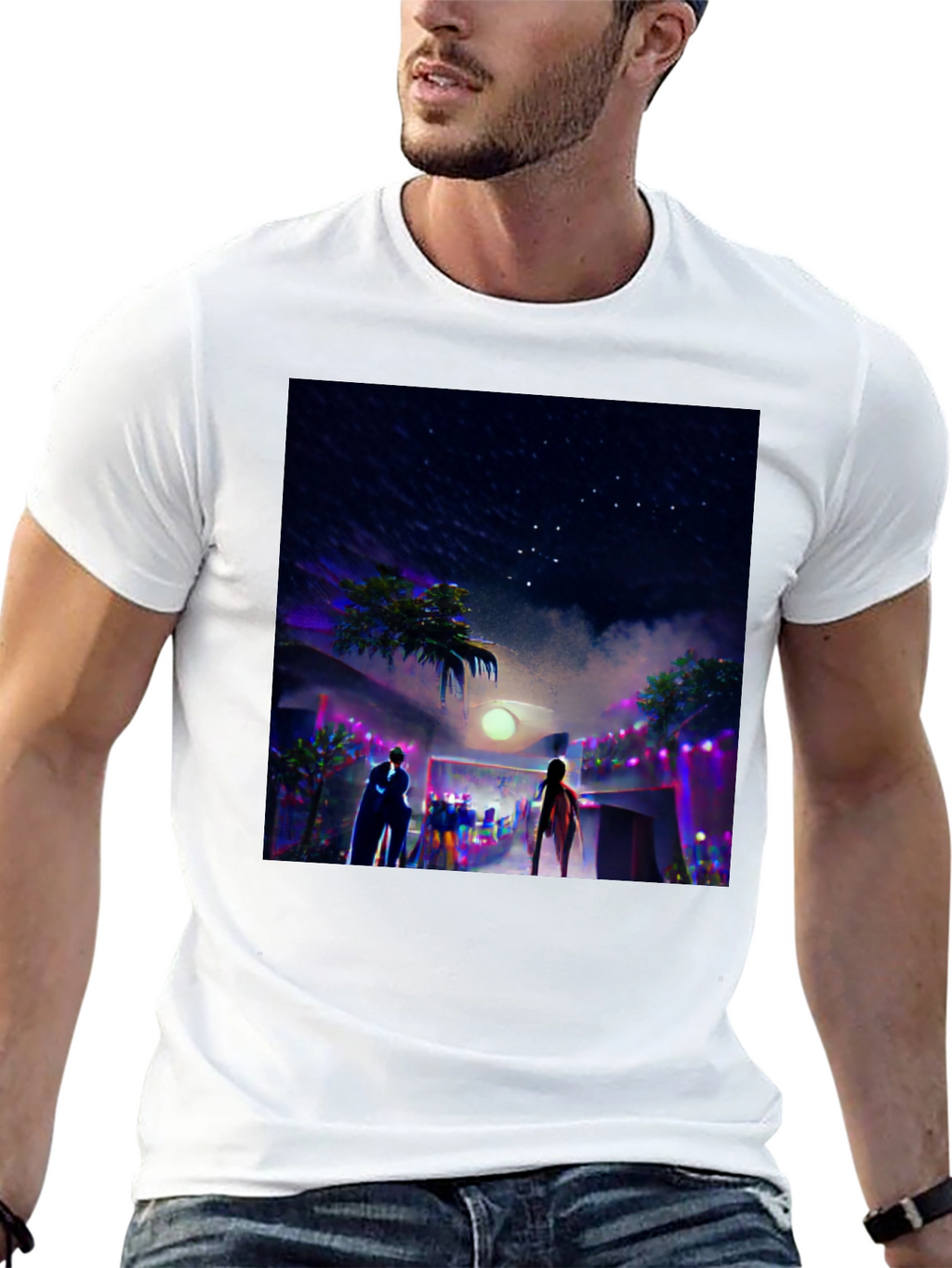 Night Scene Graphic Tee - Cool Black Cotton T-Shirt