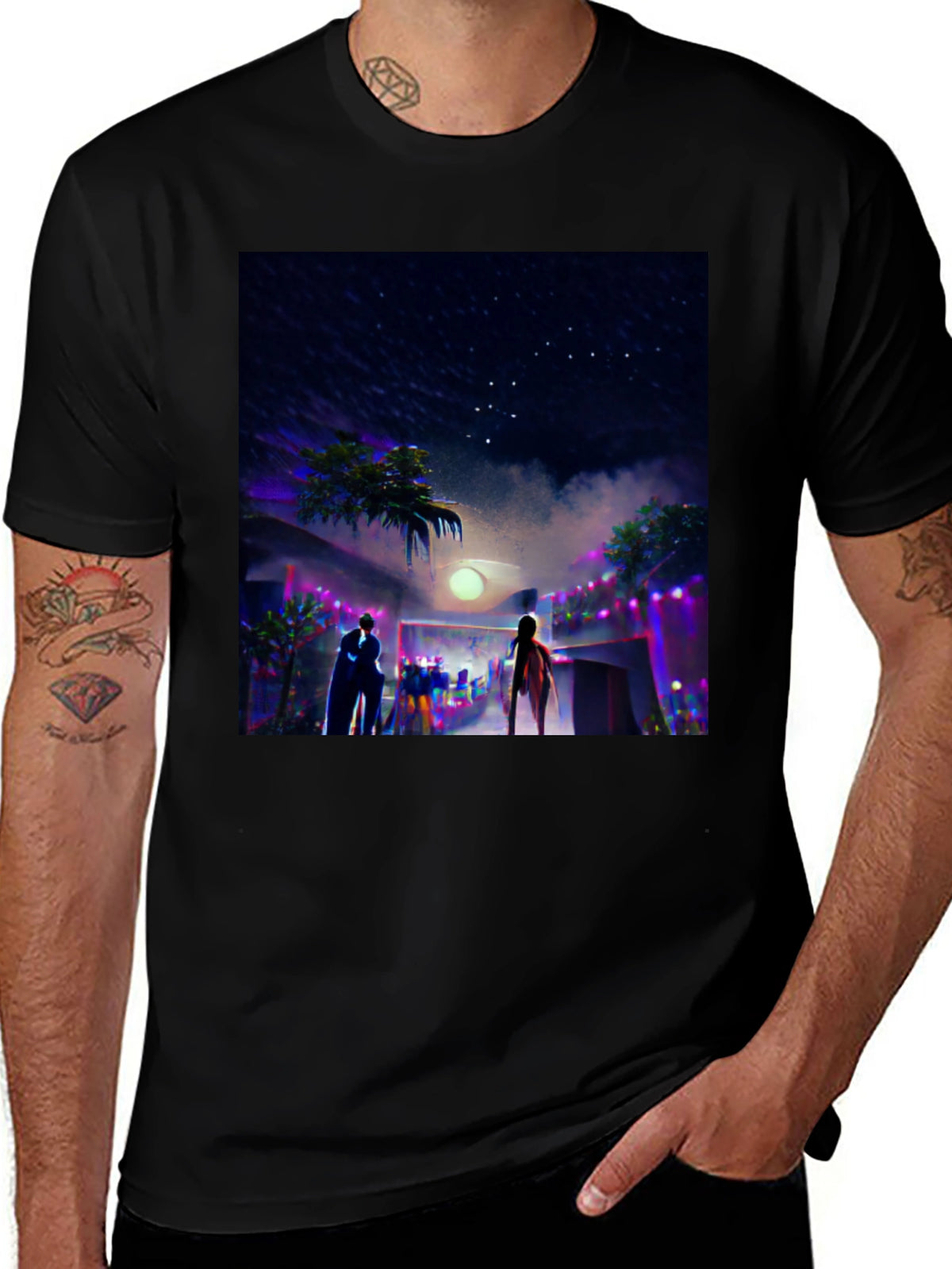 Night Scene Graphic Tee - Cool Black Cotton T-Shirt
