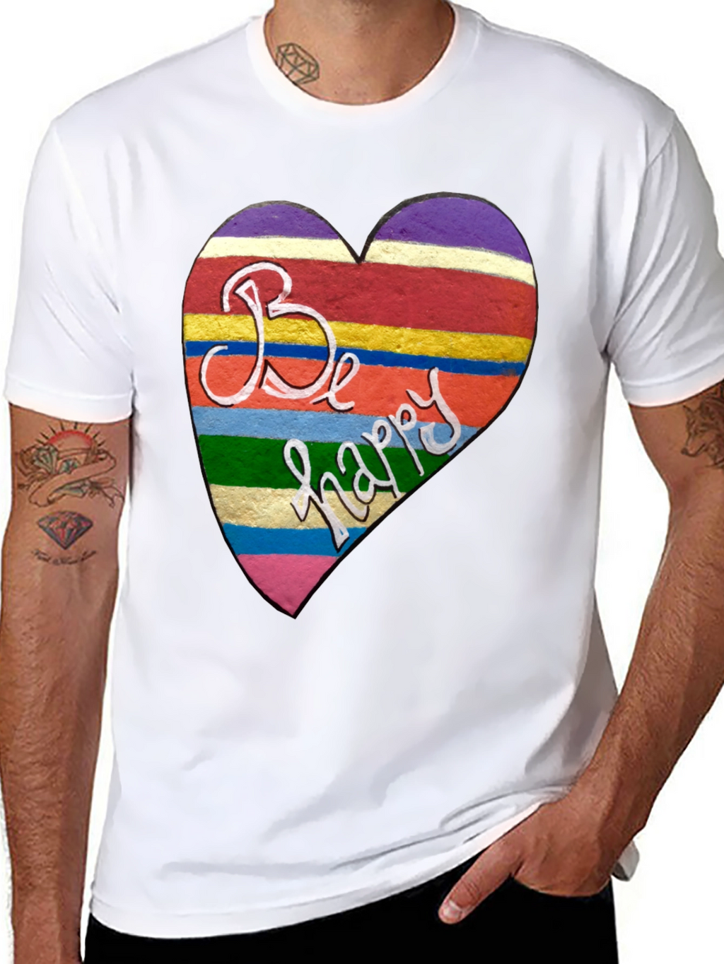 Be Happy Heart Stripe Graphic Tee - Unisex