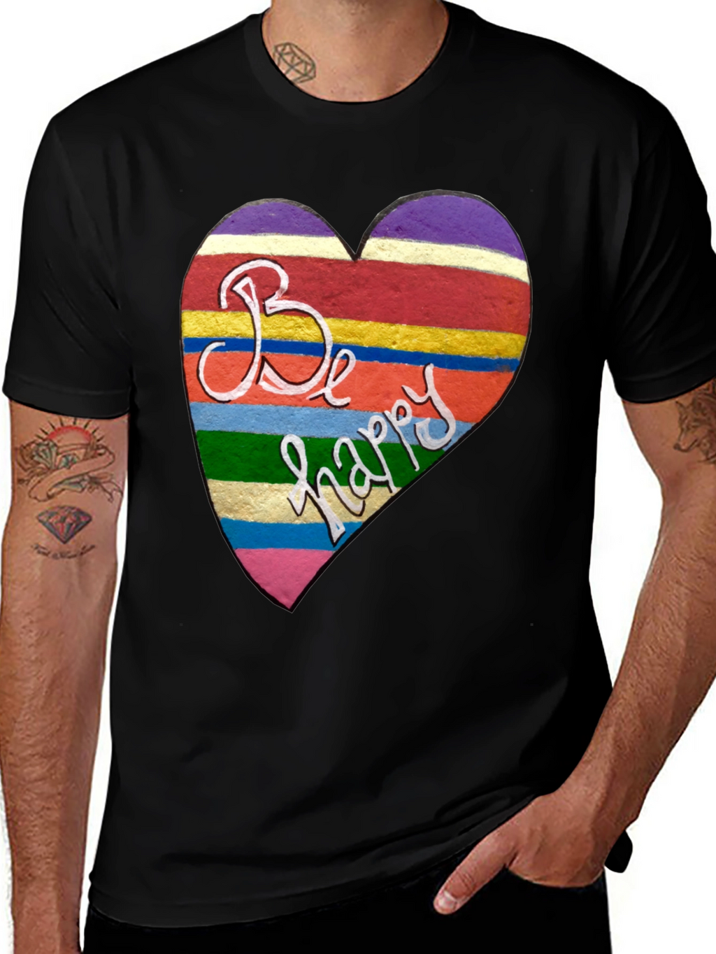 Be Happy Heart Stripe Graphic Tee - Unisex
