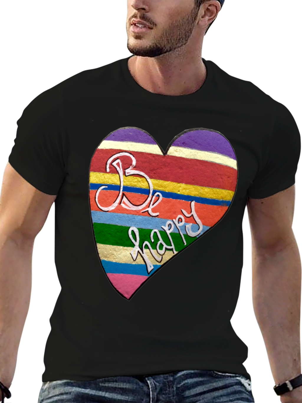 Be Happy Heart Stripe Graphic Tee - Unisex