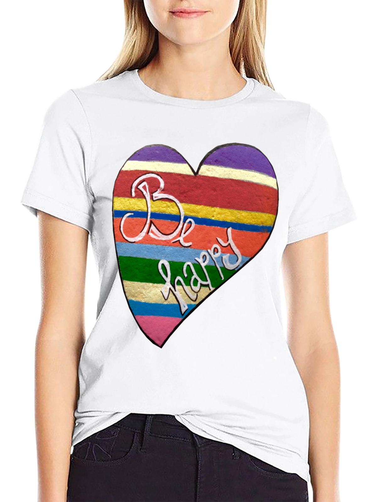 Be Happy Heart Stripe Graphic Tee - Unisex