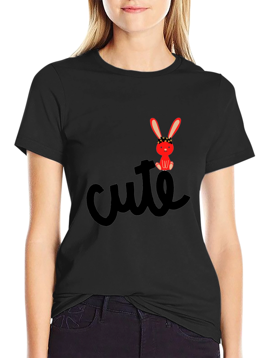 Cute Bunny Graphic Tee - Black Casual T-Shirt