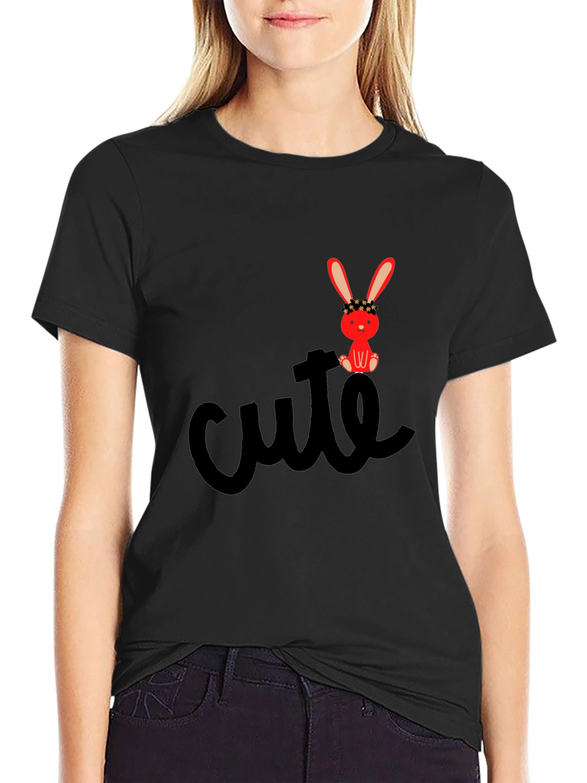 Cute Bunny Graphic Tee - Black Casual T-Shirt