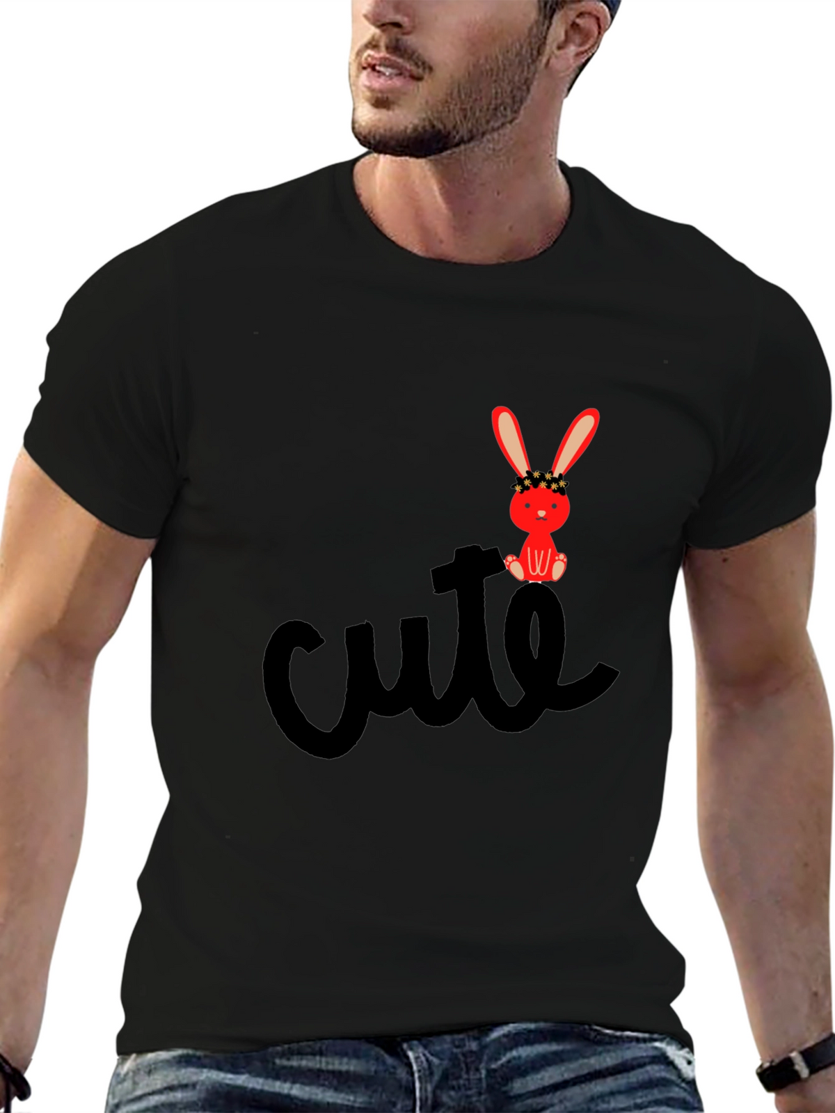 Cute Bunny Graphic Tee - Black Casual T-Shirt