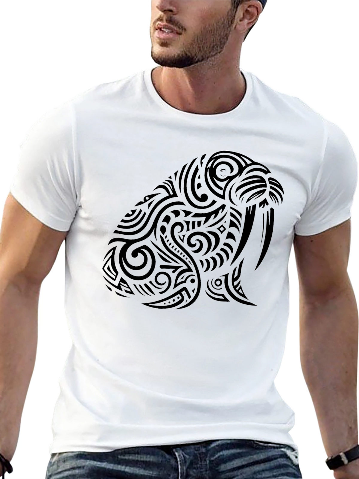 Tribal Walrus Graphic Tee - Black Cotton T-Shirt