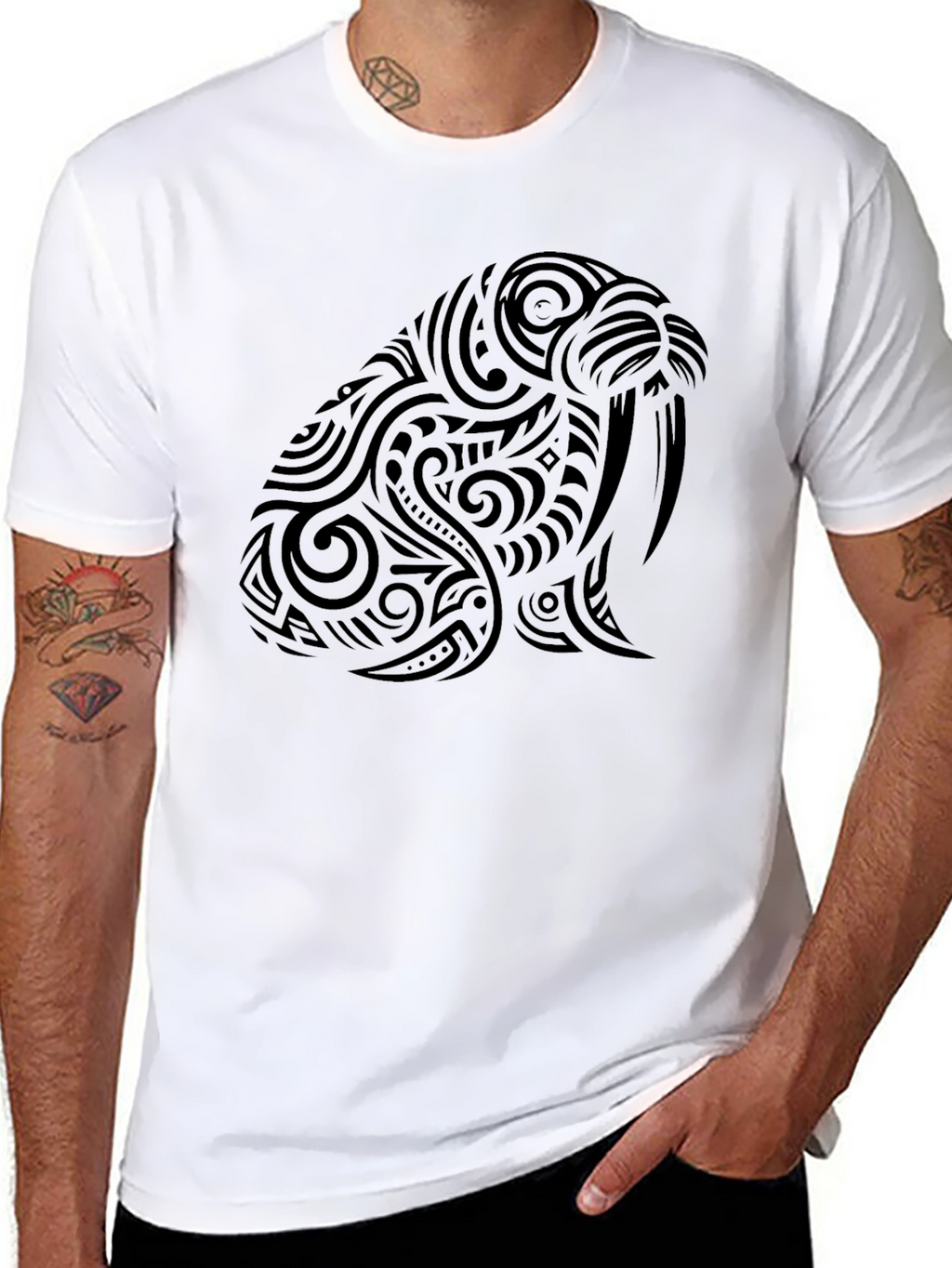 Tribal Walrus Graphic Tee - Black Cotton T-Shirt