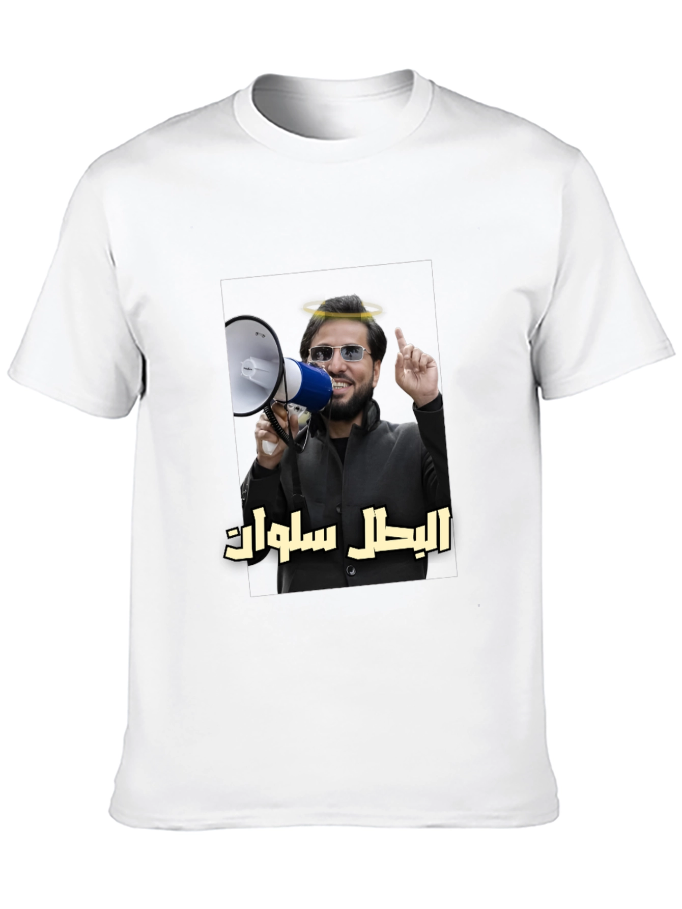 Novelty T-Shirt with Angel Halo Megaphone Graphic