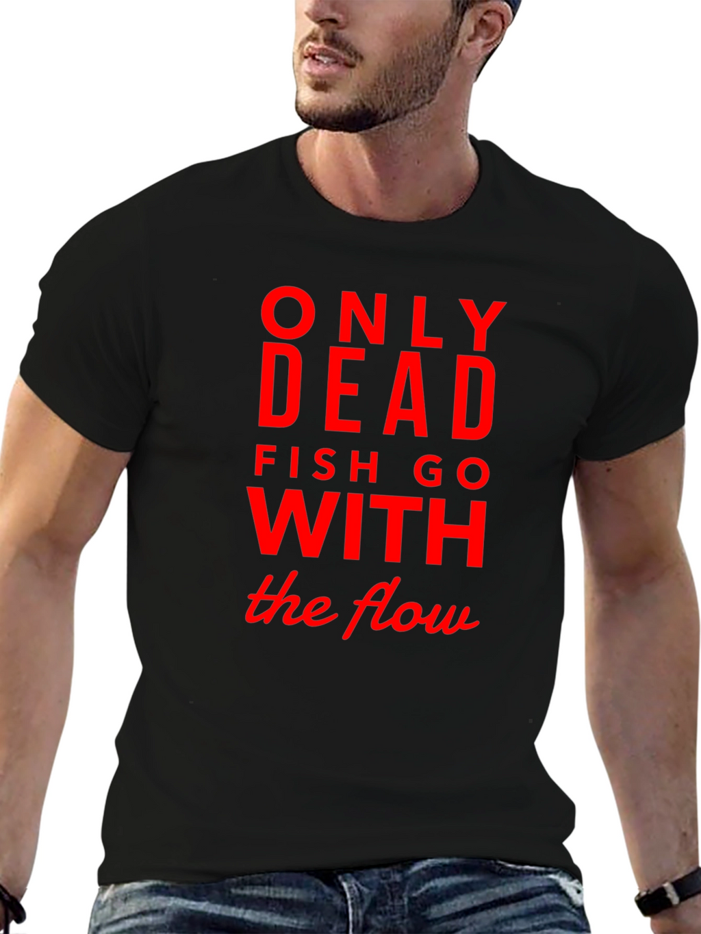 Only Dead Fish Go with The Flow Black Tee