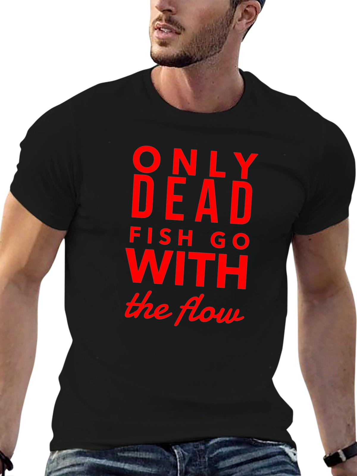 Only Dead Fish Go with The Flow Black Tee