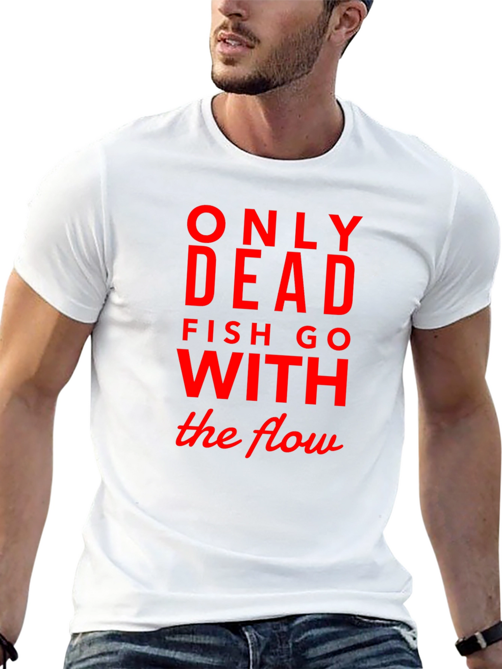 Only Dead Fish Go with The Flow Black Tee