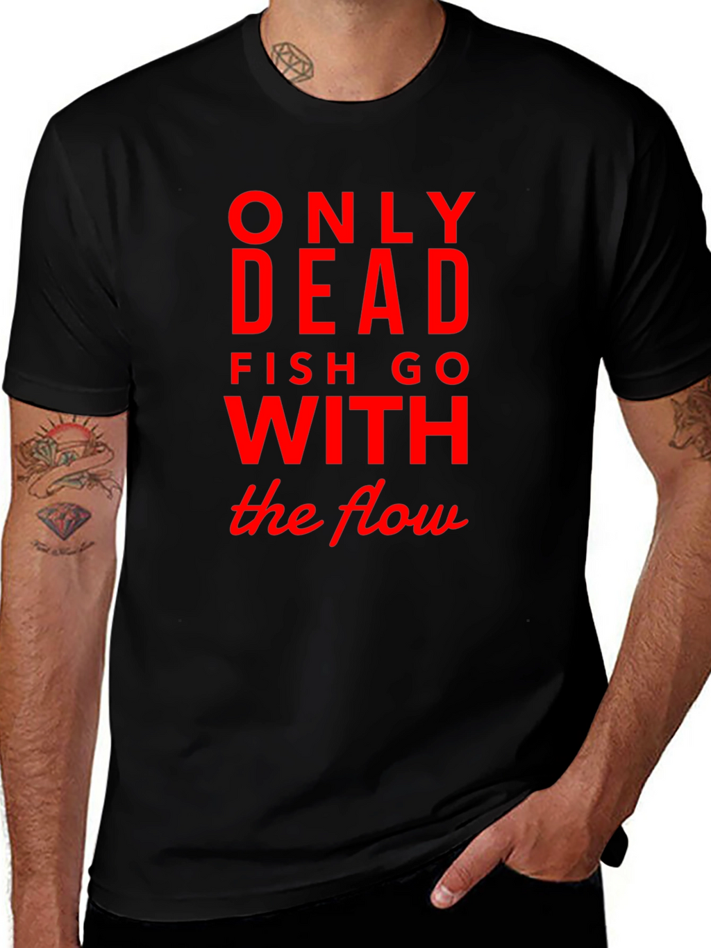 Only Dead Fish Go with The Flow Black Tee