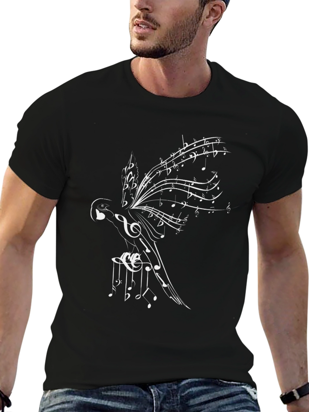Musical Bird Graphic Tee - Stylish Mens Black T-Shirt