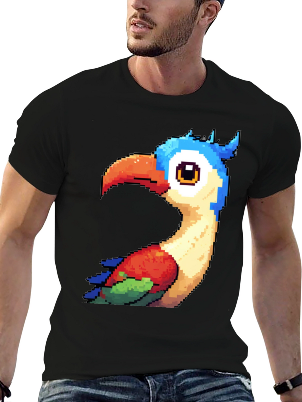 Pixel Art Bird Graphic T-Shirt - Black