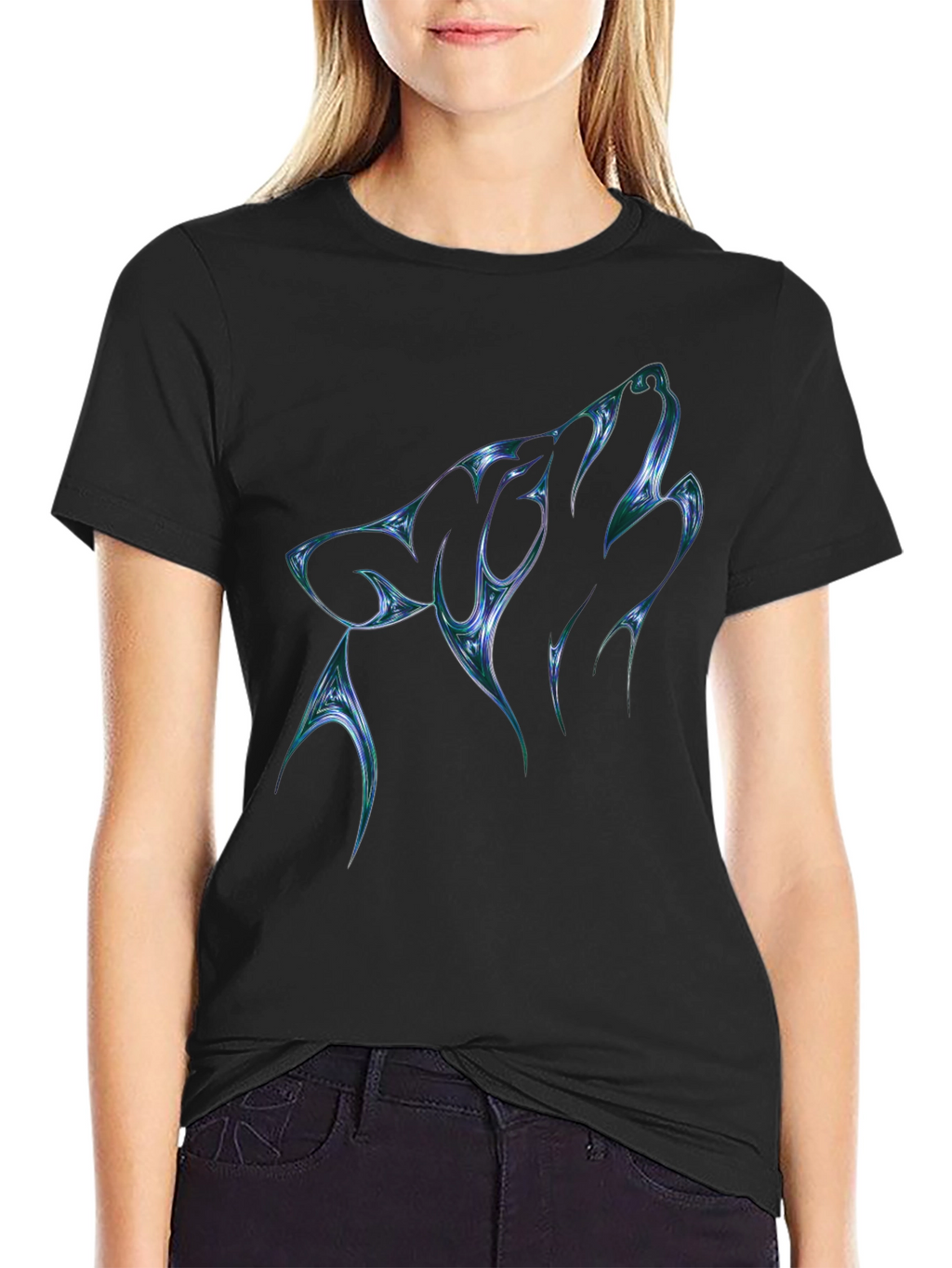 Mens Black T-Shirt with Abstract Wolf Graphic