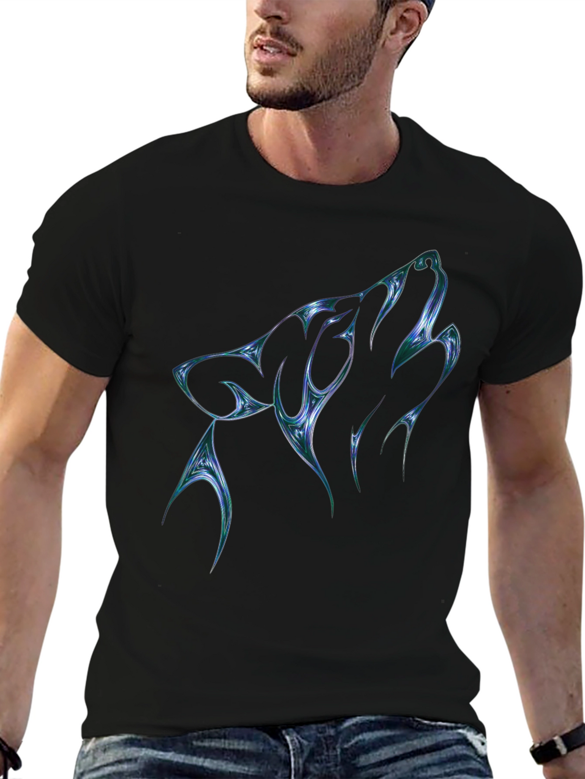 Mens Black T-Shirt with Abstract Wolf Graphic