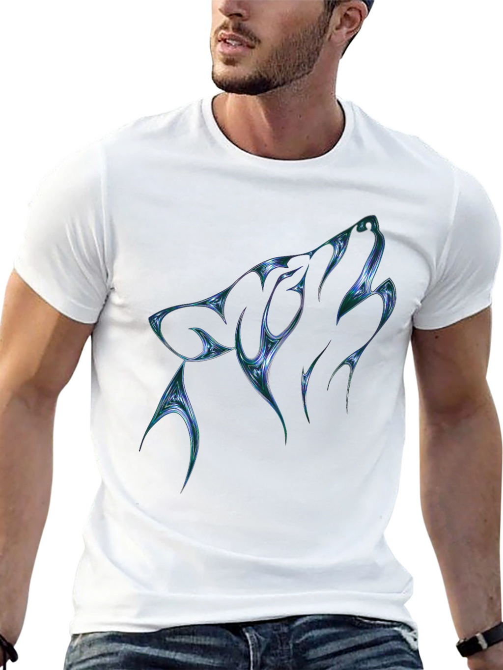 Mens Black T-Shirt with Abstract Wolf Graphic