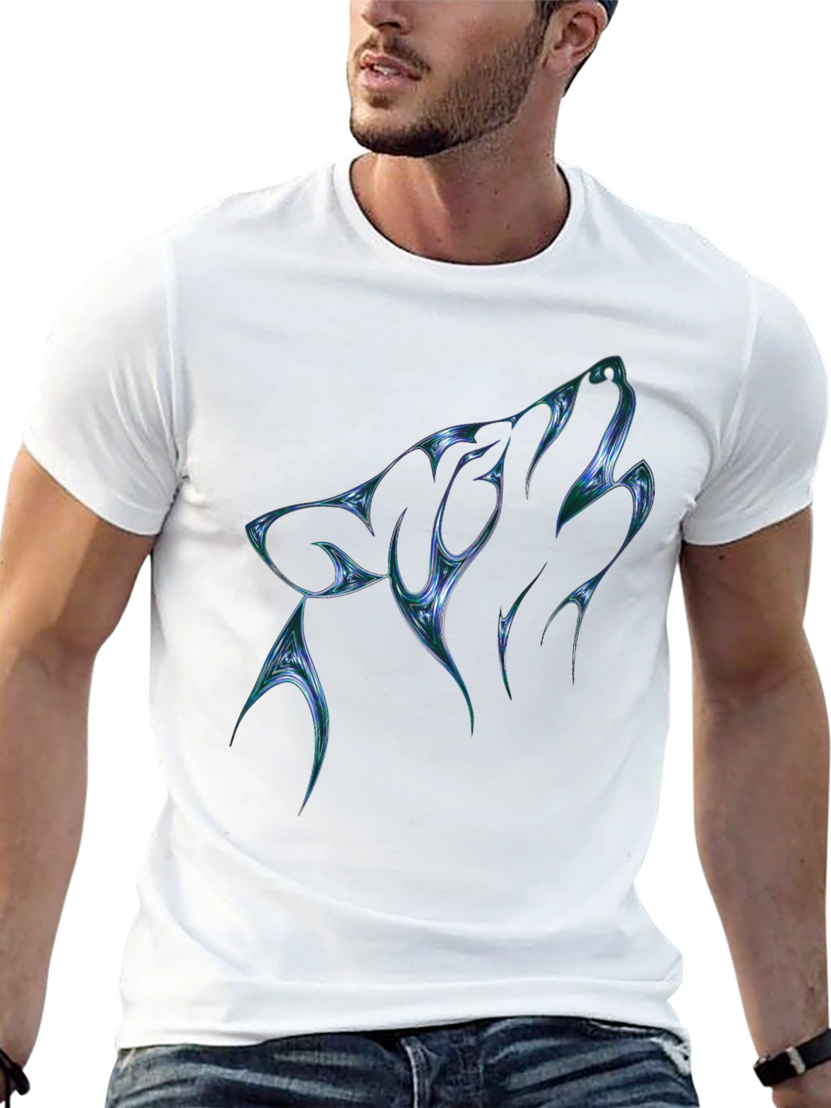 Mens Black T-Shirt with Abstract Wolf Graphic