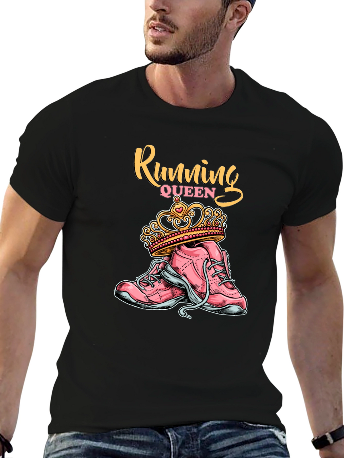 Running Queen T-Shirt - Pink Sneakers and Crown Design