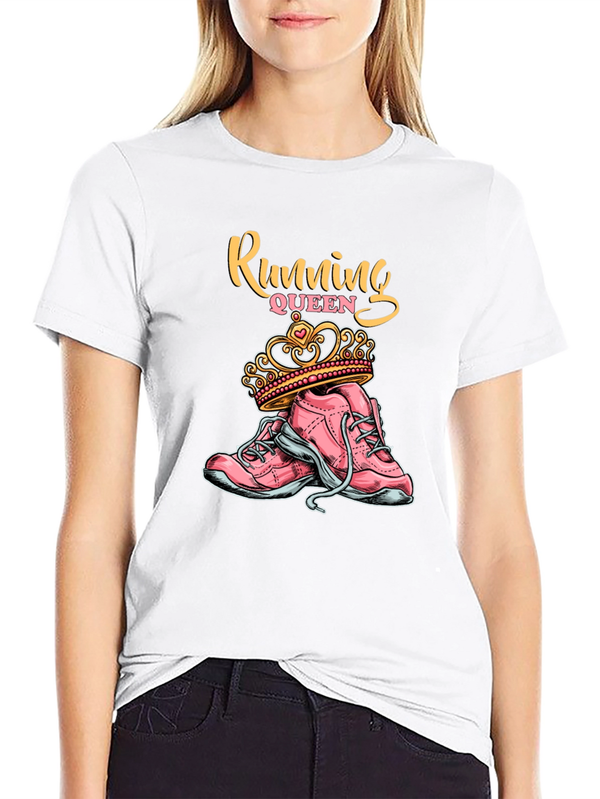 Running Queen T-Shirt - Pink Sneakers and Crown Design