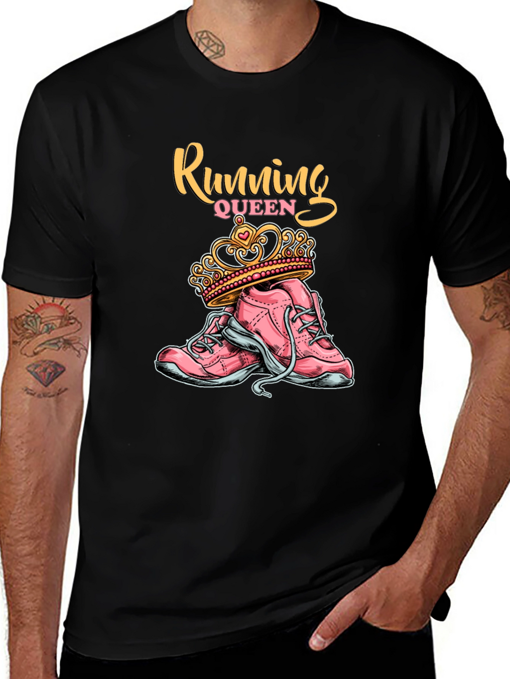 Running Queen T-Shirt - Pink Sneakers and Crown Design
