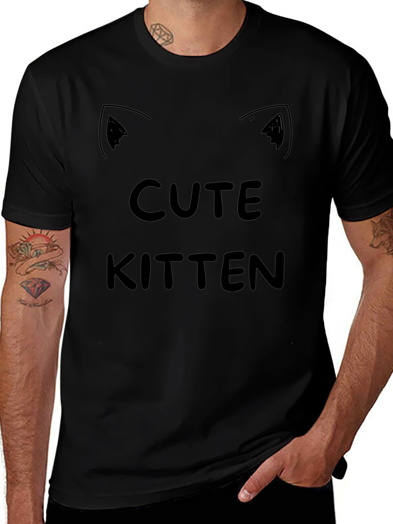 Cute Kitten Graphic Tee - Black Cotton T-Shirt