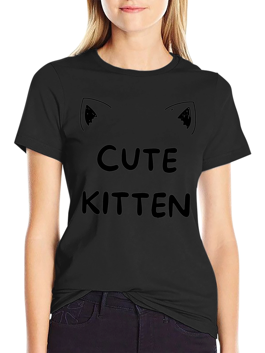 Cute Kitten Graphic Tee - Black Cotton T-Shirt