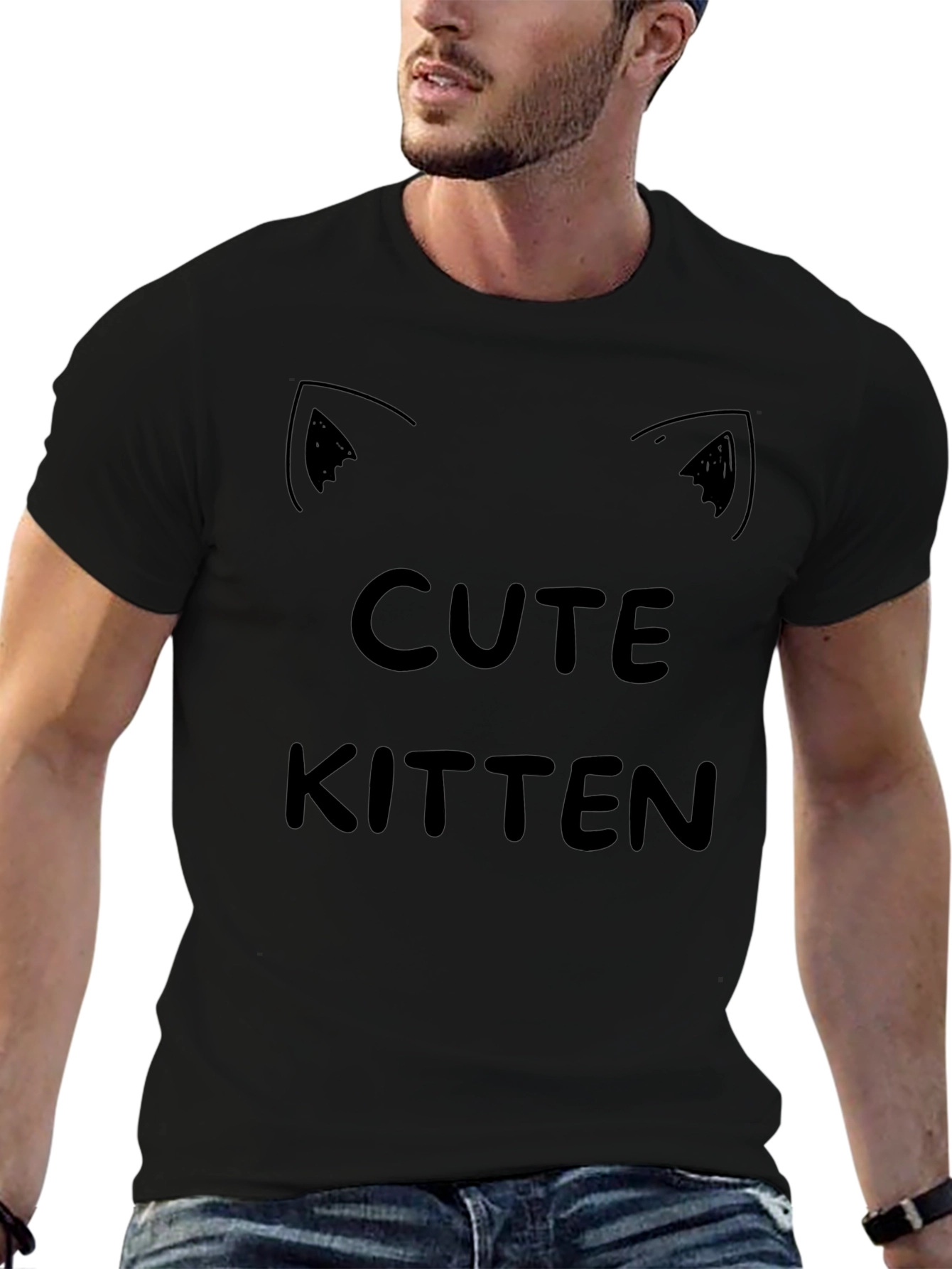Cute Kitten Graphic Tee - Black Cotton T-Shirt