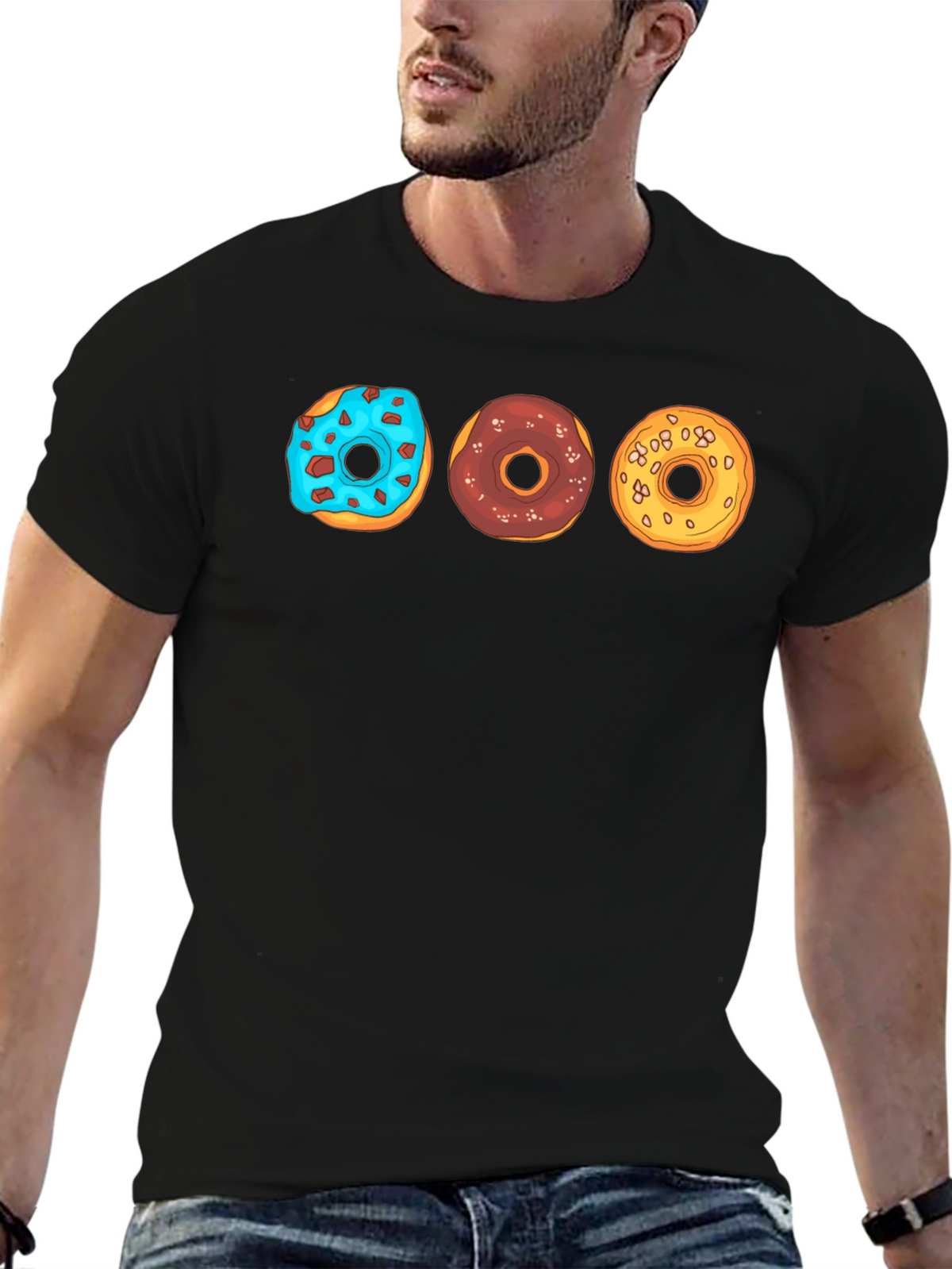 Donut Trio Graphic Tee - Soft Black Cotton T-Shirt