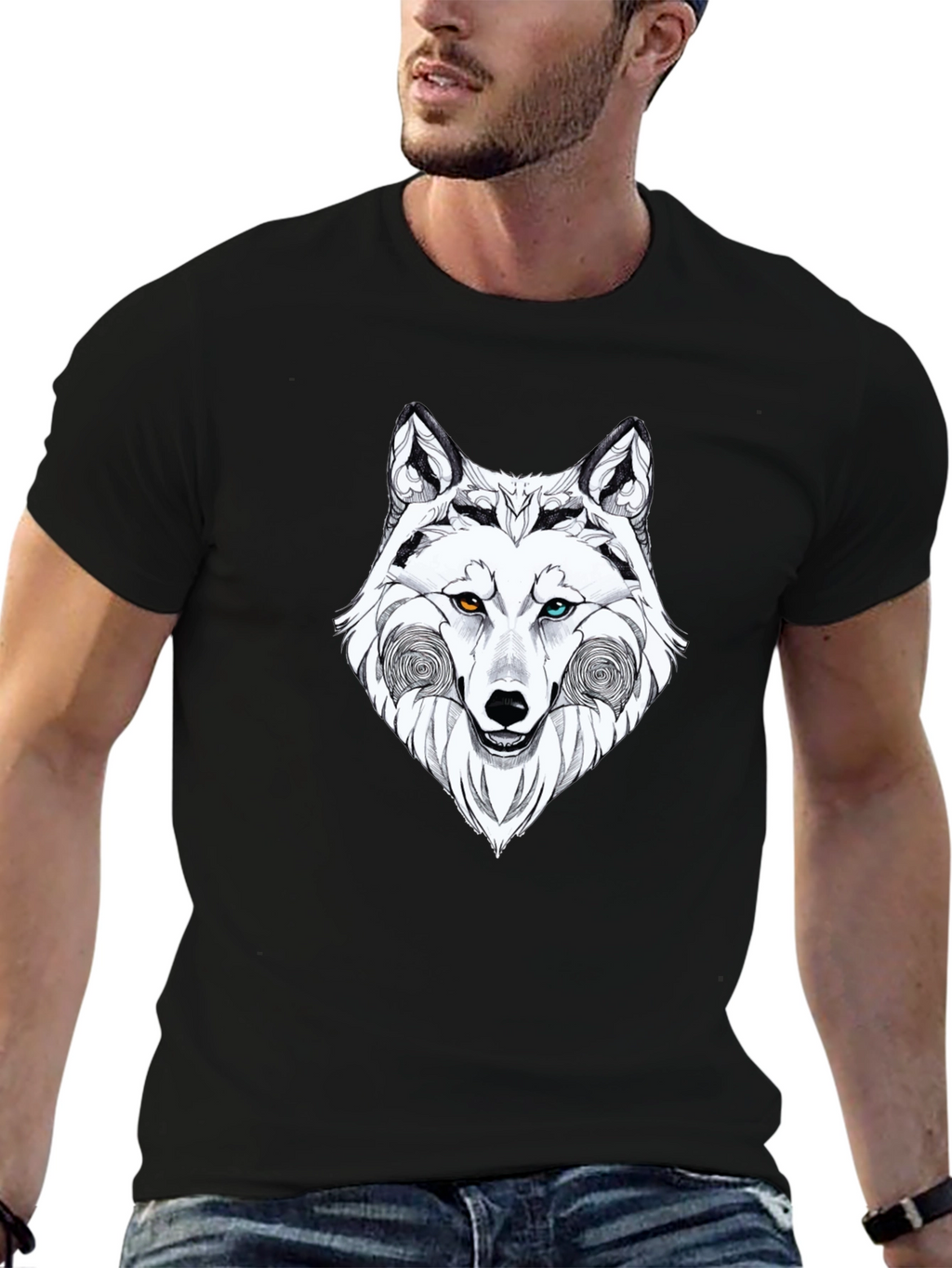Wolf Graphic Black T-Shirt - Heterochromia Eyes