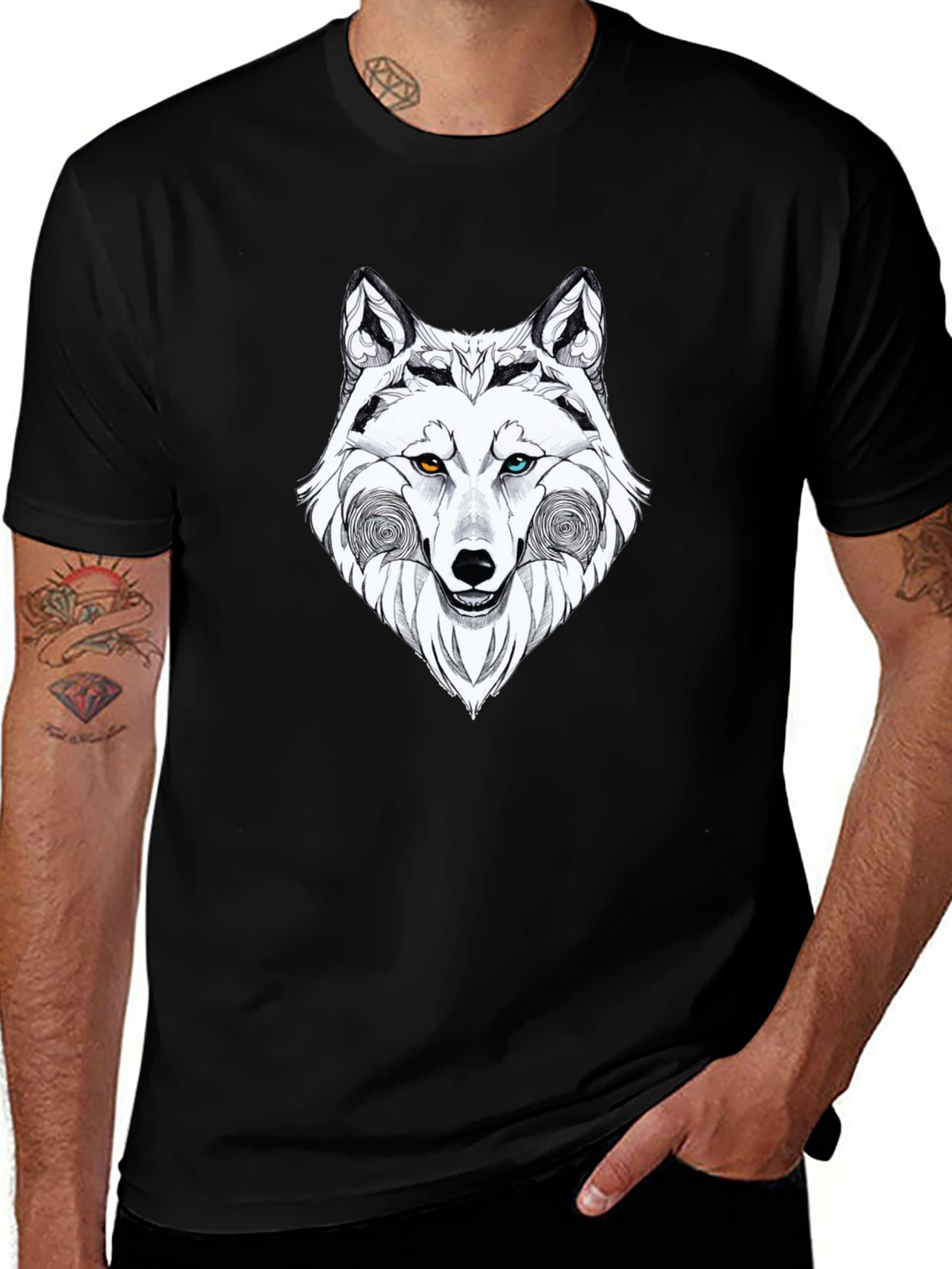 Wolf Graphic Black T-Shirt - Heterochromia Eyes