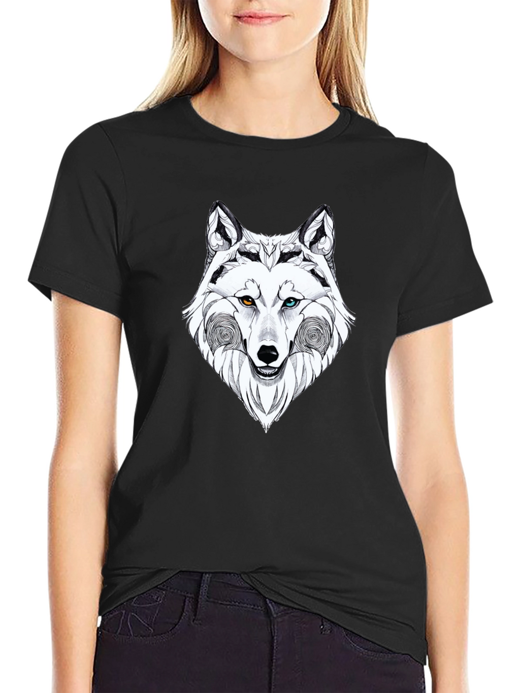 Wolf Graphic Black T-Shirt - Heterochromia Eyes