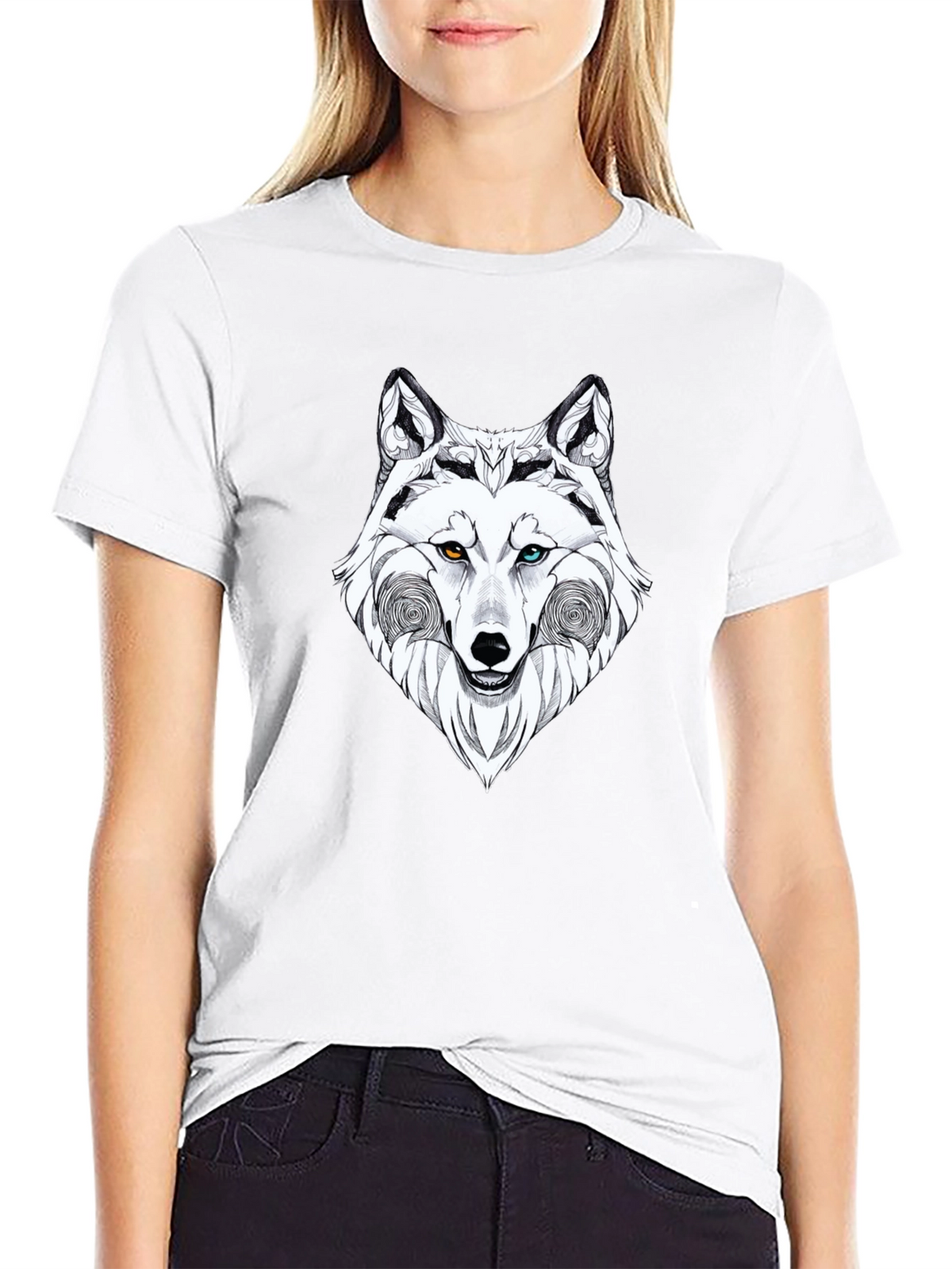 Wolf Graphic Black T-Shirt - Heterochromia Eyes