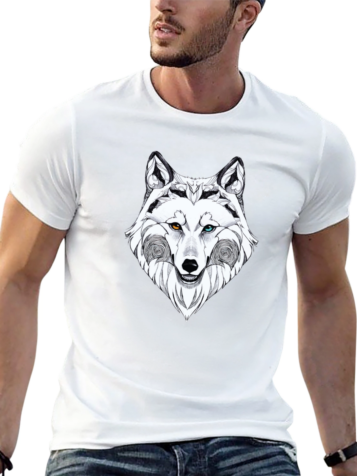 Wolf Graphic Black T-Shirt - Heterochromia Eyes