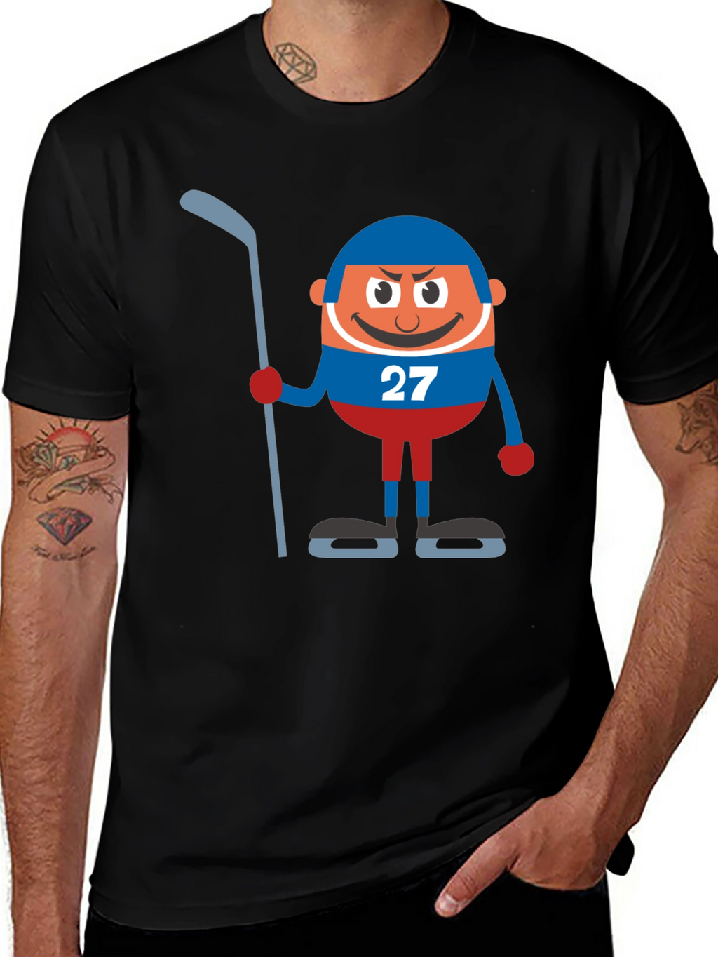 Hockey Cartoon Graphic Black T-Shirt