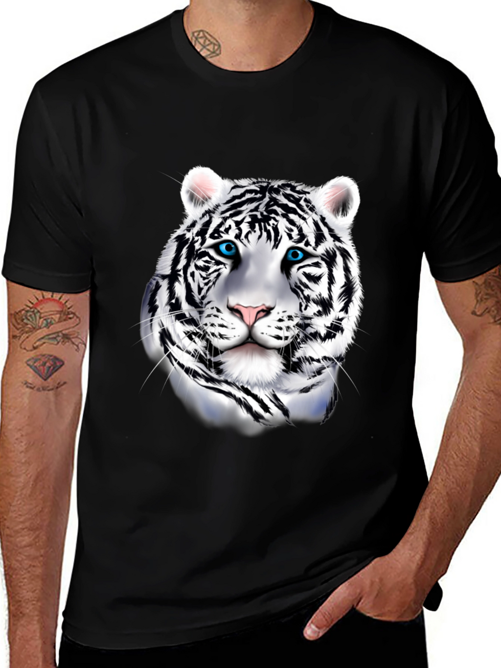 Mens Graphic Tee: Striking White Tiger Print