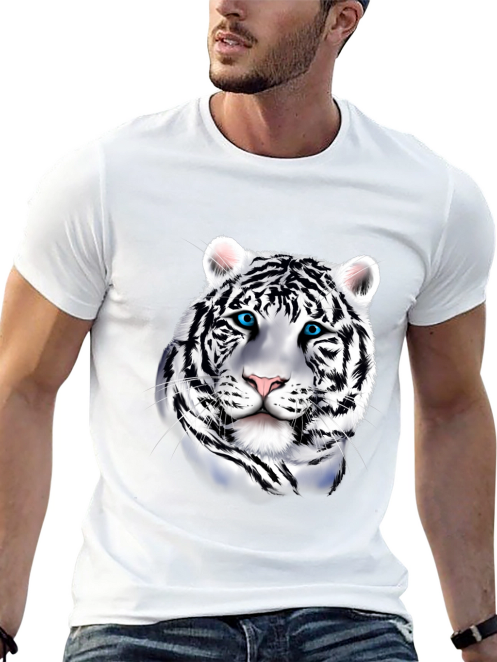 Mens Graphic Tee: Striking White Tiger Print
