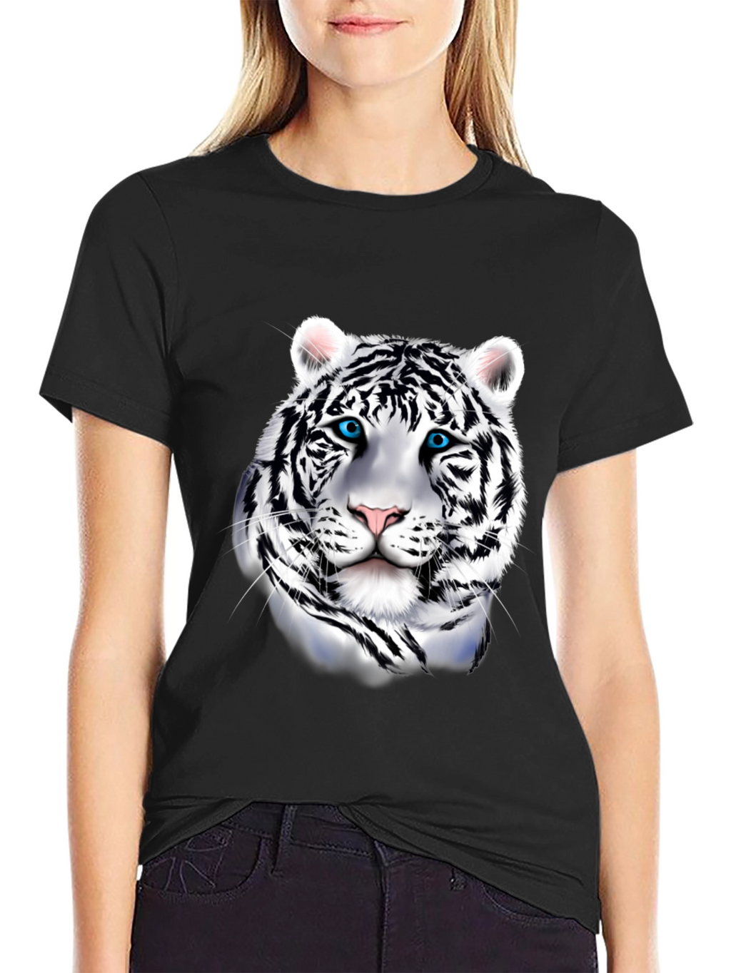 Mens Graphic Tee: Striking White Tiger Print