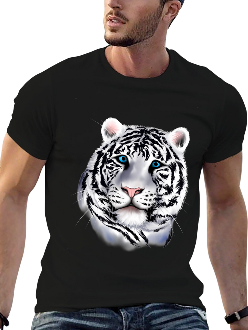 Mens Graphic Tee: Striking White Tiger Print