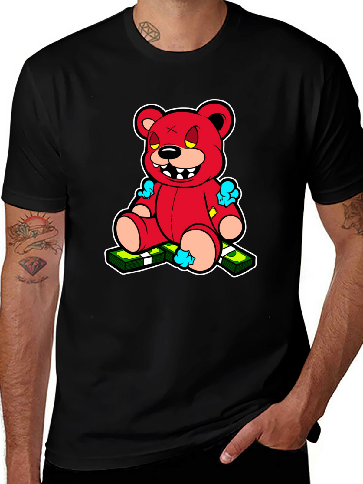 Cartoon Money Bear Black T-Shirt